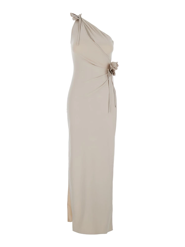 Beige Asymmetric One-Shoulder Dress with Flower Detail and Single Side Slit in Tech Fabric Woman