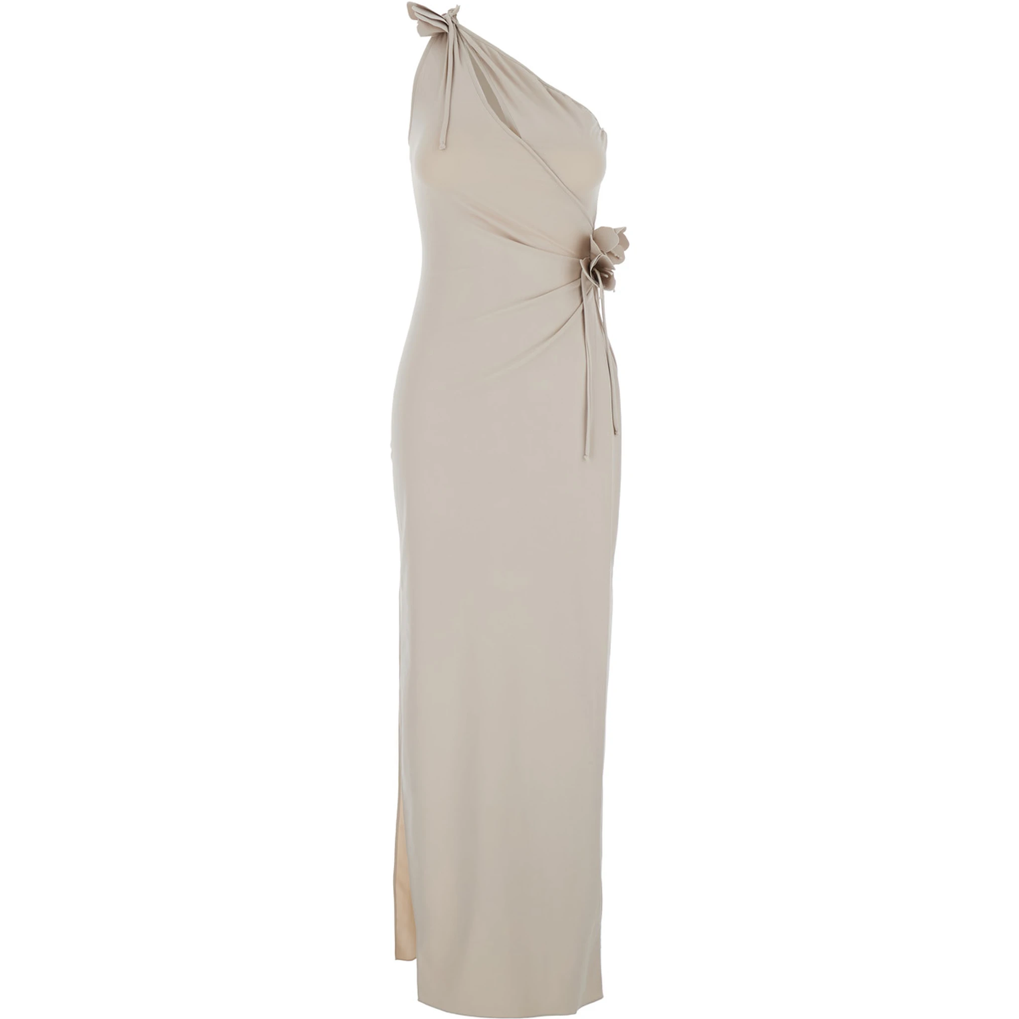 Beige Asymmetric One-Shoulder Dress with Flower Detail and Single Side Slit in Tech Fabric Woman