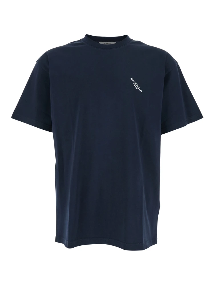 Blue T-Shirt with Diagonal Embroidered Logo in Cotton Man