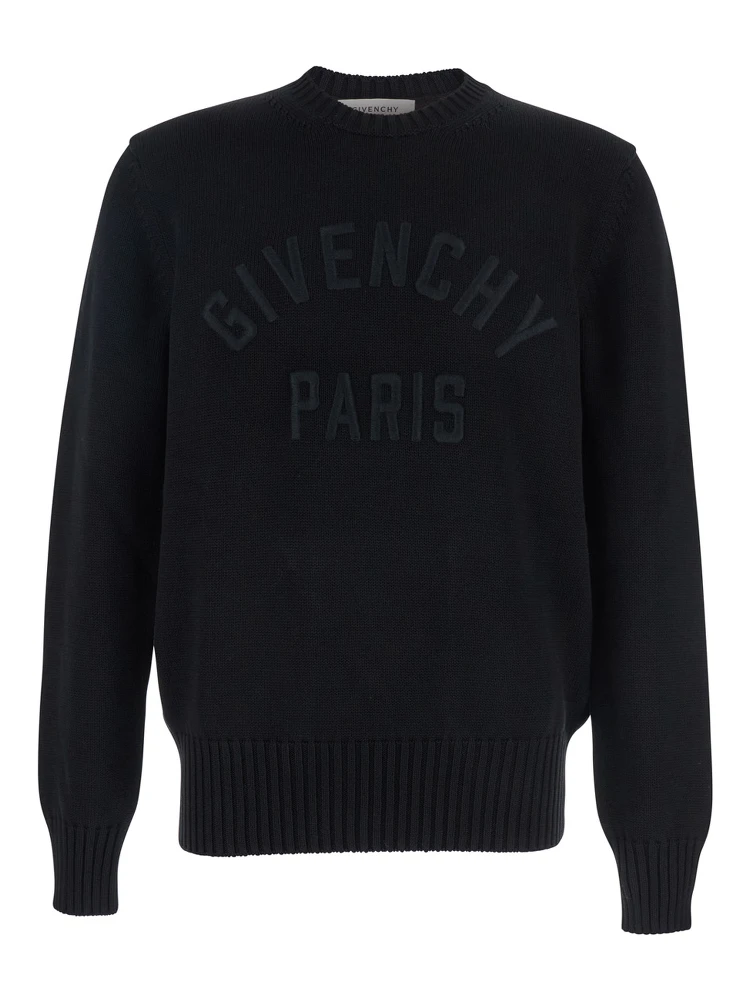 Black Crew Neck Sweater with Logo Lettering on the Front in Cotton Man