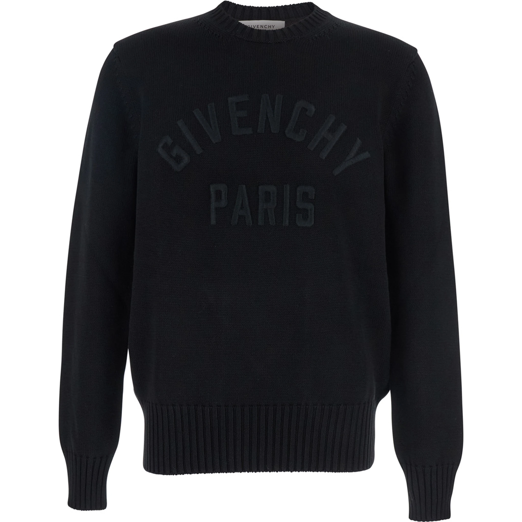 Black Crew Neck Sweater with Logo Lettering on the Front in Cotton Man