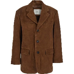 Brown Single-Breasted Jacket with Classic Lapels in Suede Woman