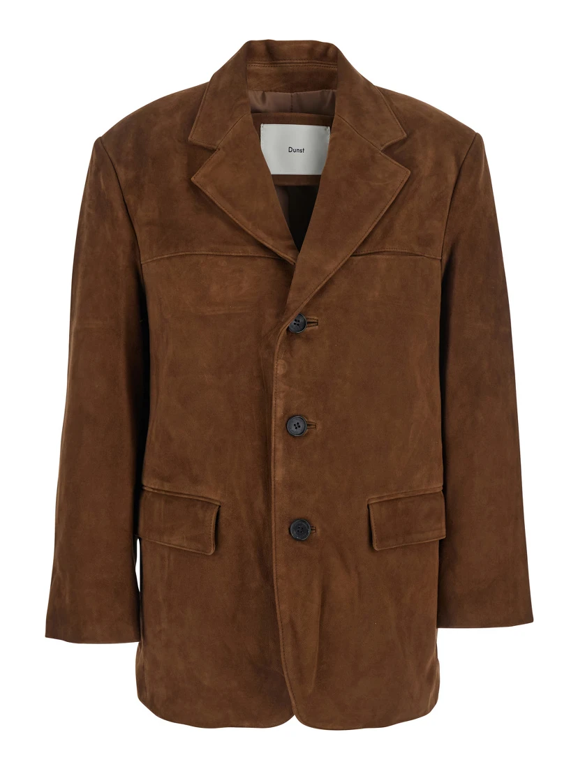 Brown Single-Breasted Jacket with Classic Lapels in Suede Woman