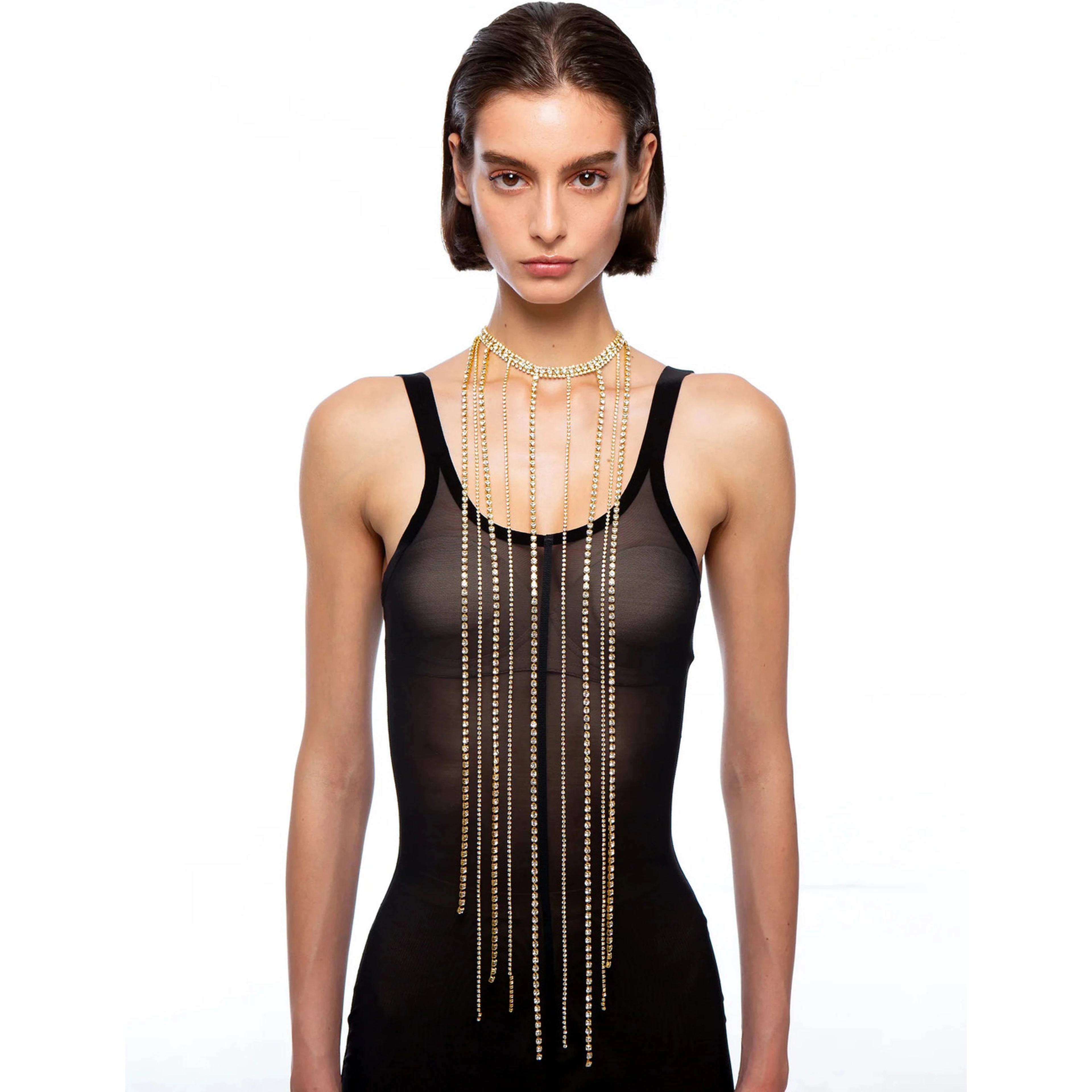 Metallic-Colored Necklace with All-Over Applied Glass Crystals and Adjustable Clasp in Brass Woman