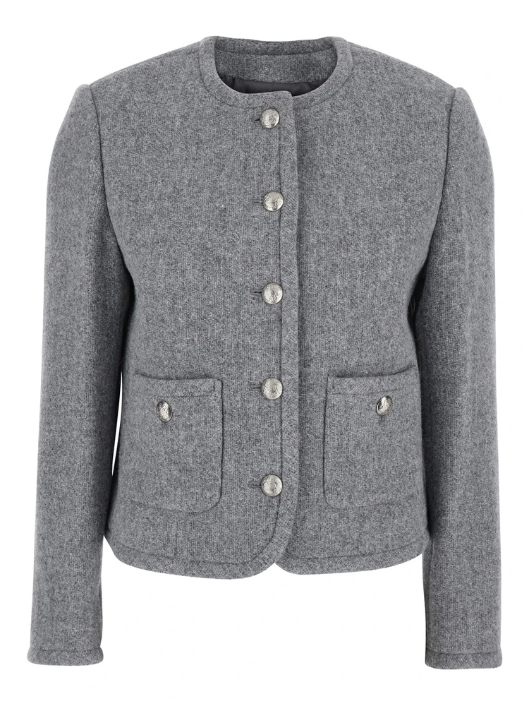 Grey Jacket with Button Closure and Front Pockets in Tweed Woman