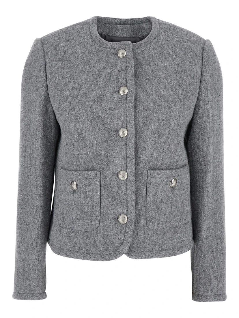 Grey Jacket with Button Closure and Front Pockets in Tweed Woman