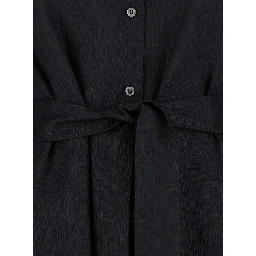 Black Dress with Classic Collar and Adjustable Skirt in Linen Woman