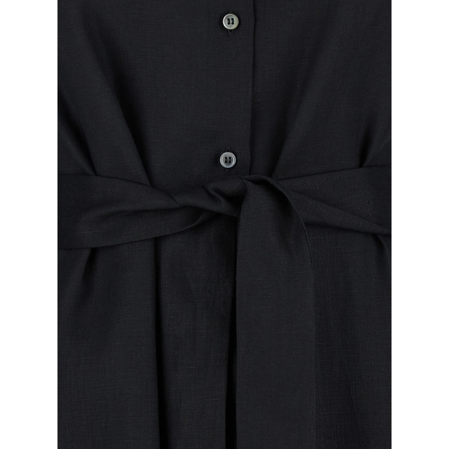Black Dress with Classic Collar and Adjustable Skirt in Linen Woman