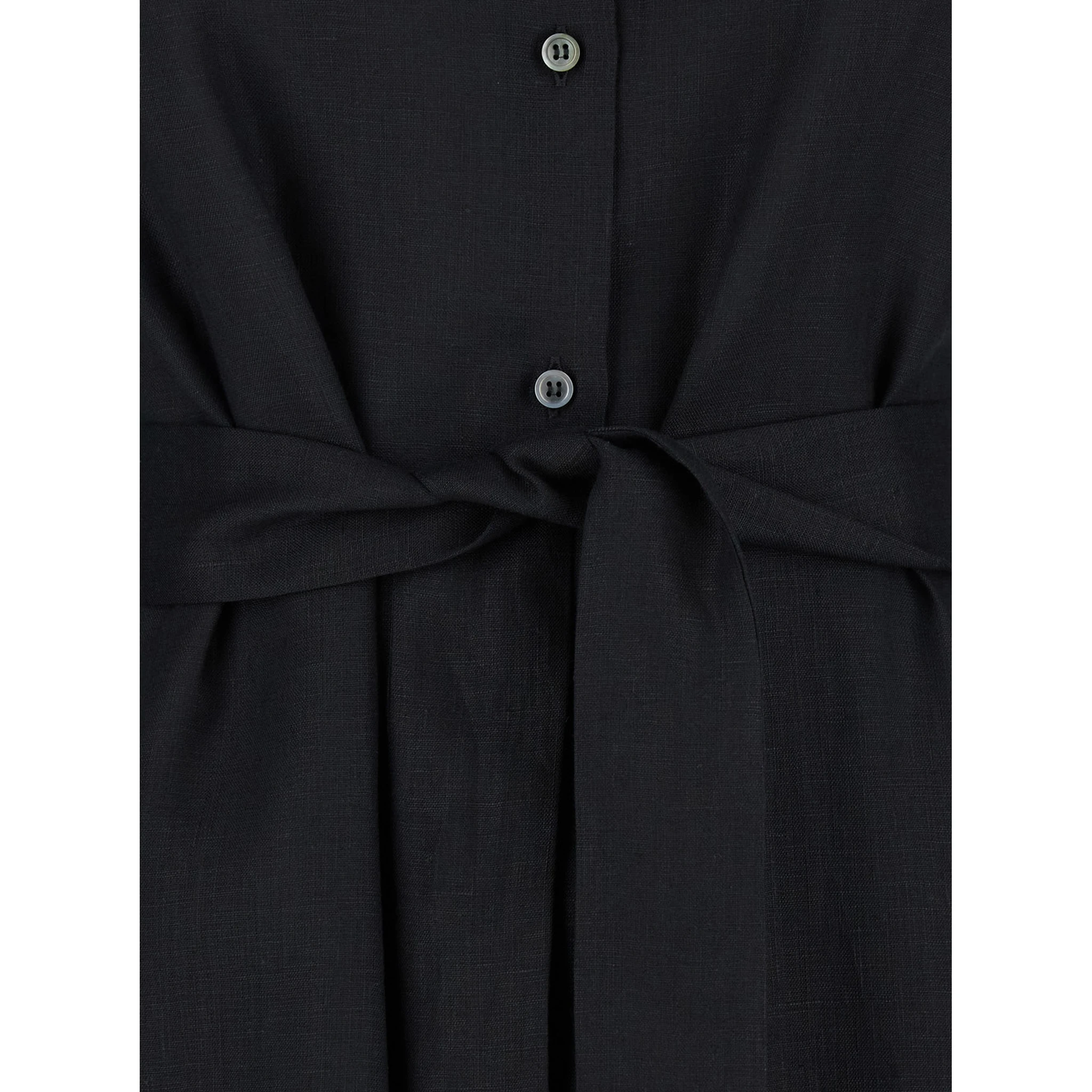 Black Dress with Classic Collar and Adjustable Skirt in Linen Woman