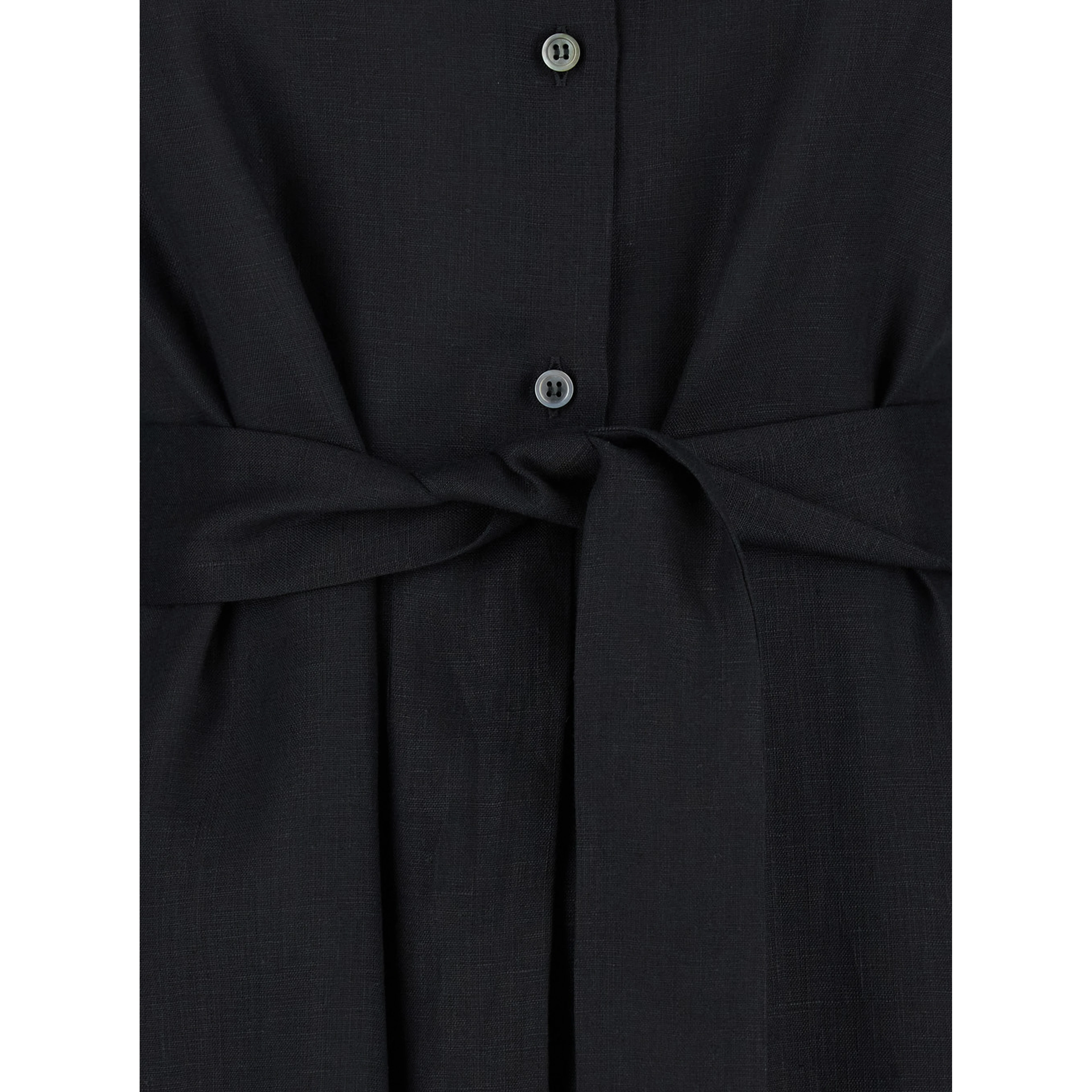 Black Dress with Classic Collar and Adjustable Skirt in Linen Woman