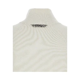 White Sweater with High Neck and Monil Detail on the Rear in Cashmere Woman