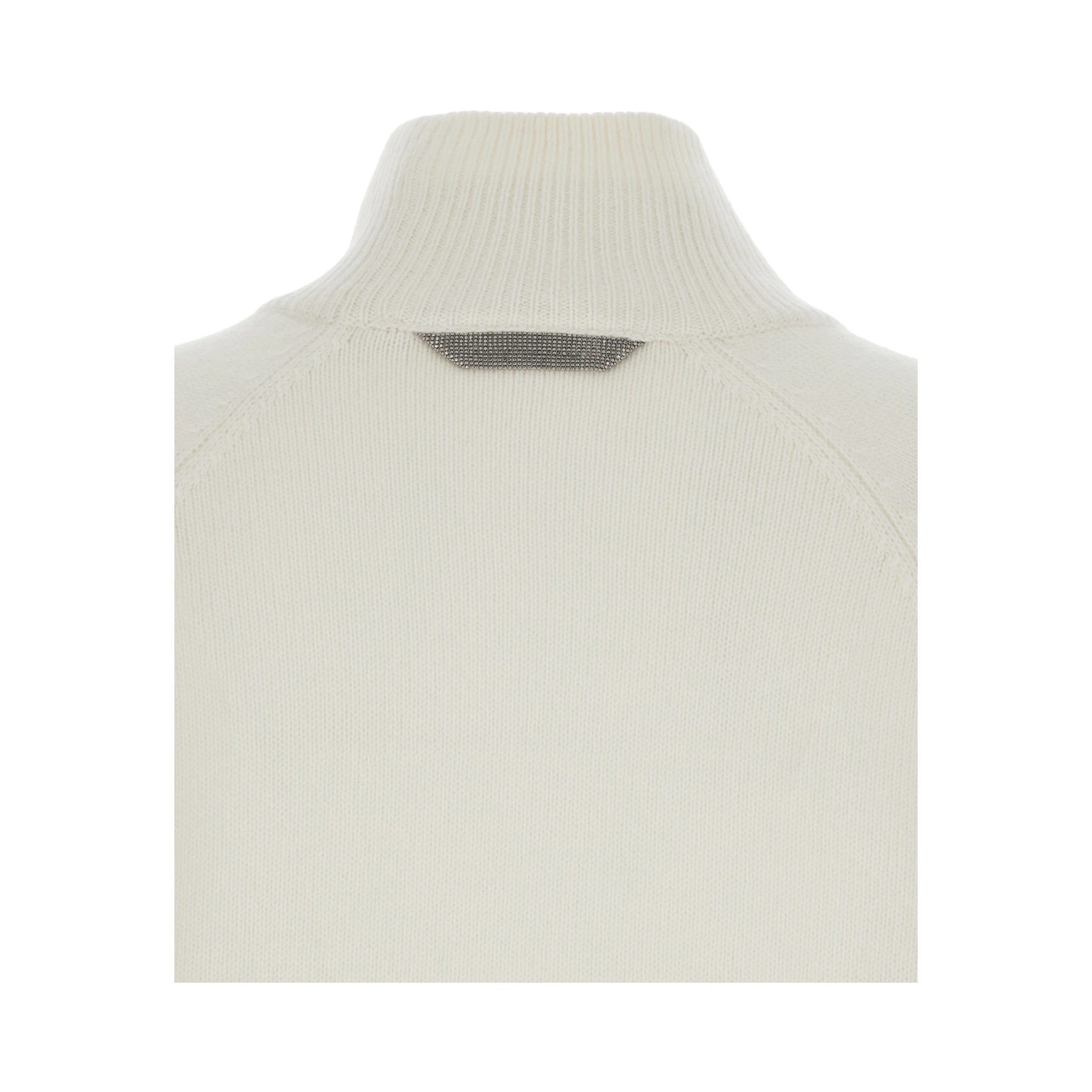 White Sweater with High Neck and Monil Detail on the Rear in Cashmere Woman