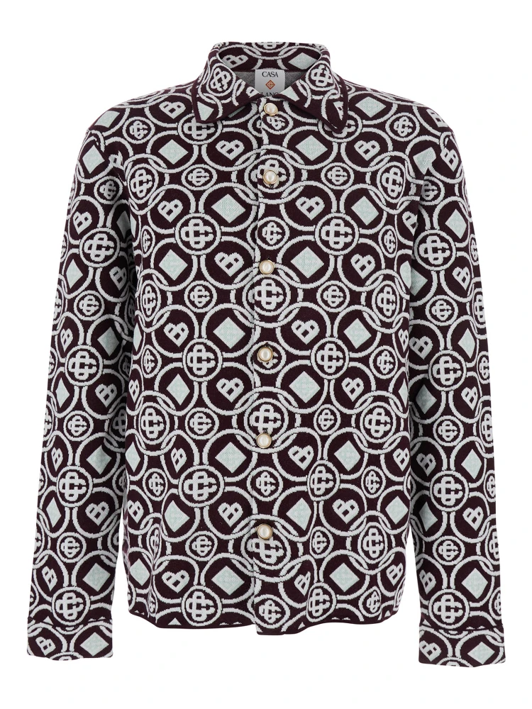 Bordeaux Shirt with Classic Collar and All-Over Monogram in Cotton Man