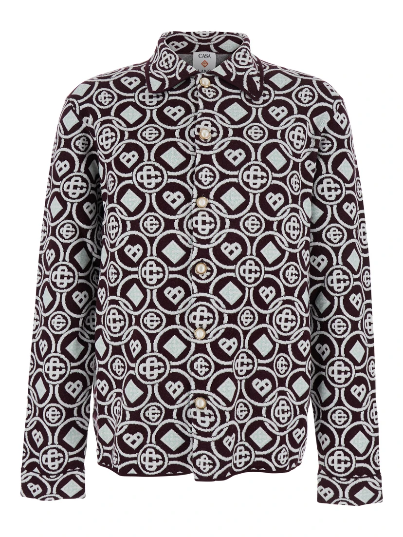 Bordeaux Shirt with Classic Collar and All-Over Monogram in Cotton Man