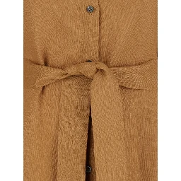 Beige Dress with Classic Collar and Adjustable Skirt in Linen Woman