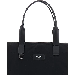 Black Tote Bag with Two Top Handles and Logo Plaque on the Front in Tech Fabric Man