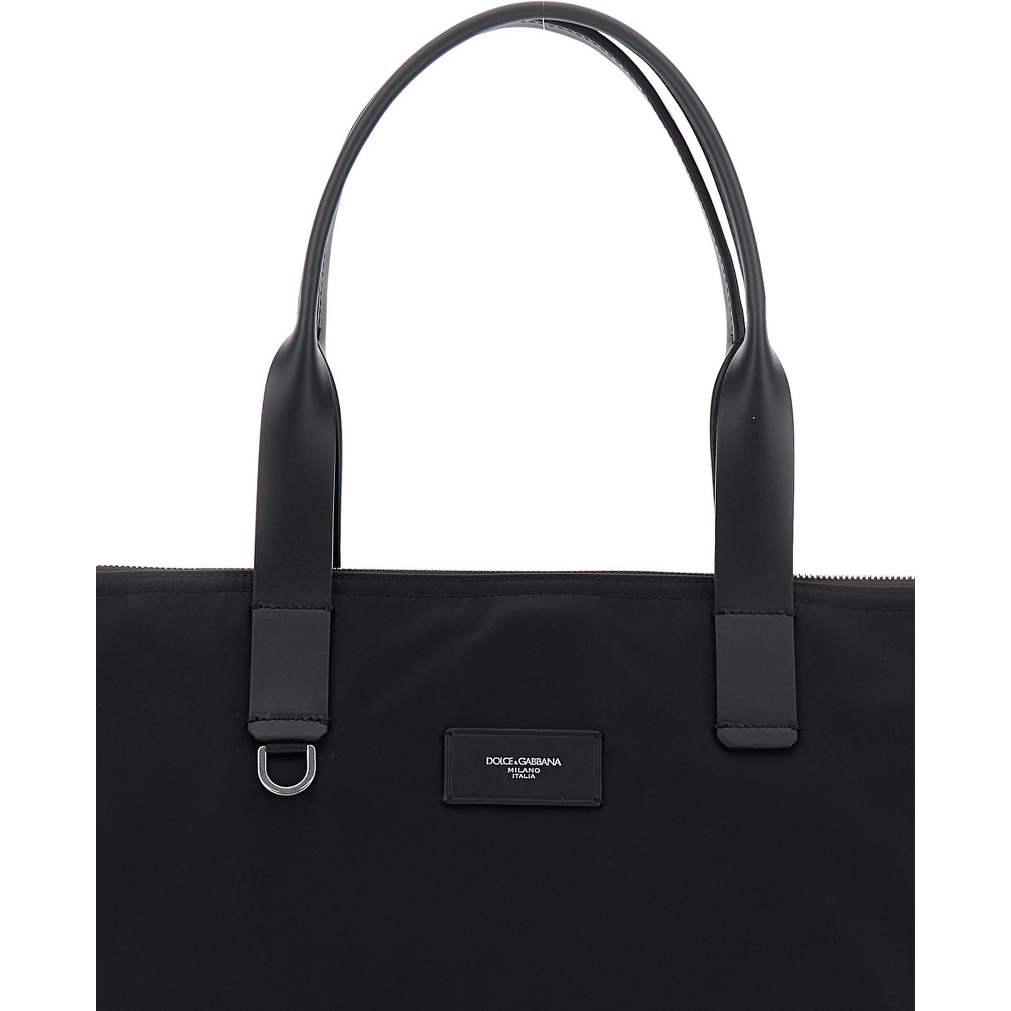 Black Tote Bag with Two Top Handles and Logo Plaque on the Front in Tech Fabric Man