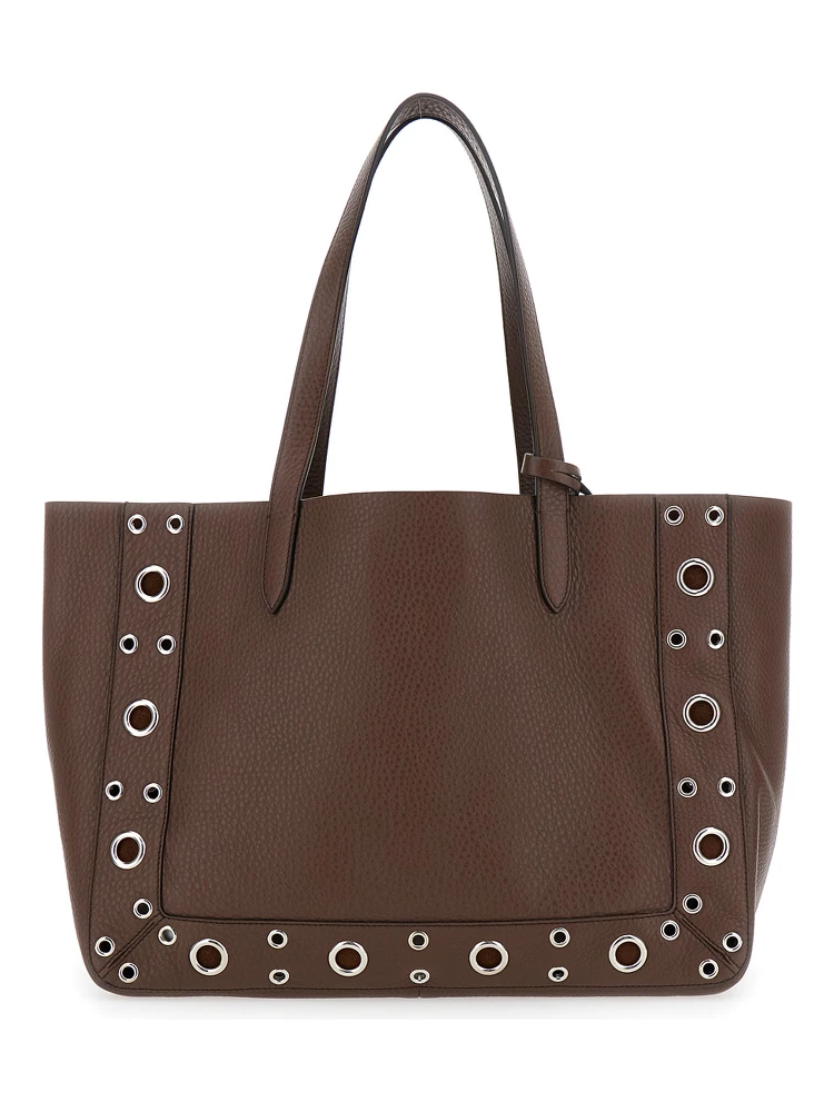 Nellcote Brown Tote Bag with Removable Pouch on the Inside and Stud Embellishments in Grained Leather Man alternative