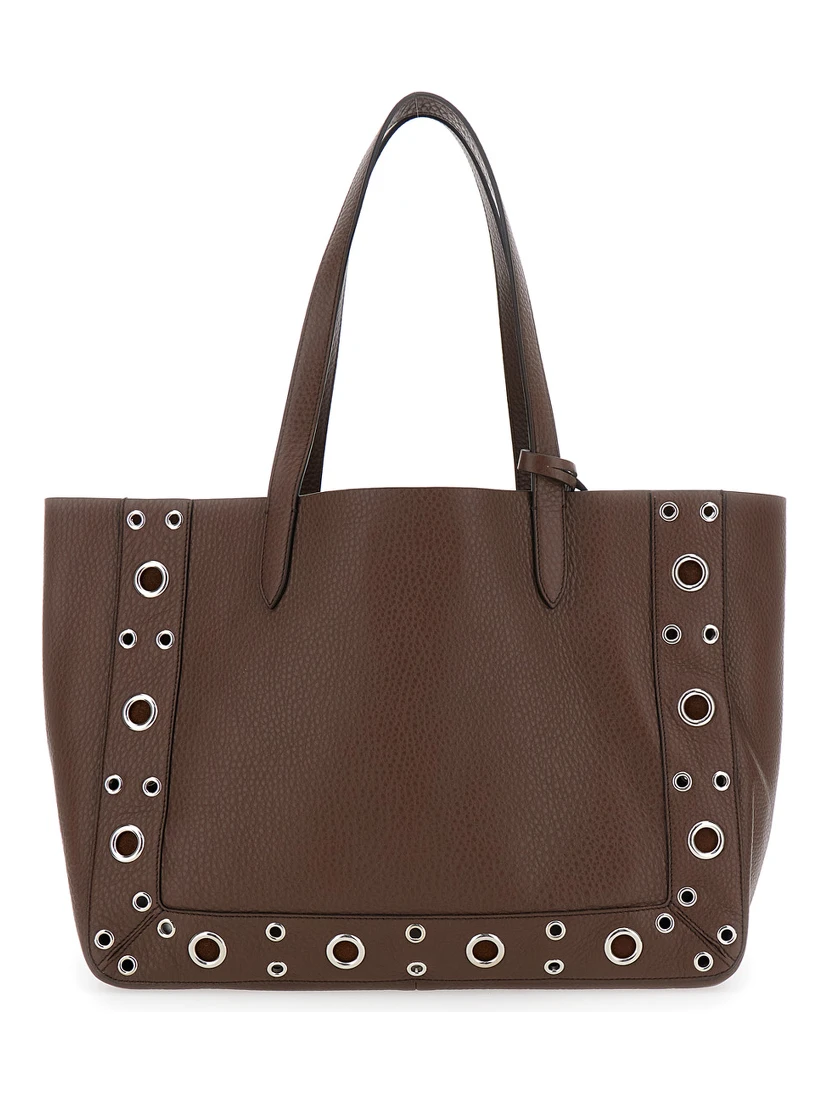 Nellcote Brown Tote Bag with Removable Pouch on the Inside and Stud Embellishments in Grained Leather Man