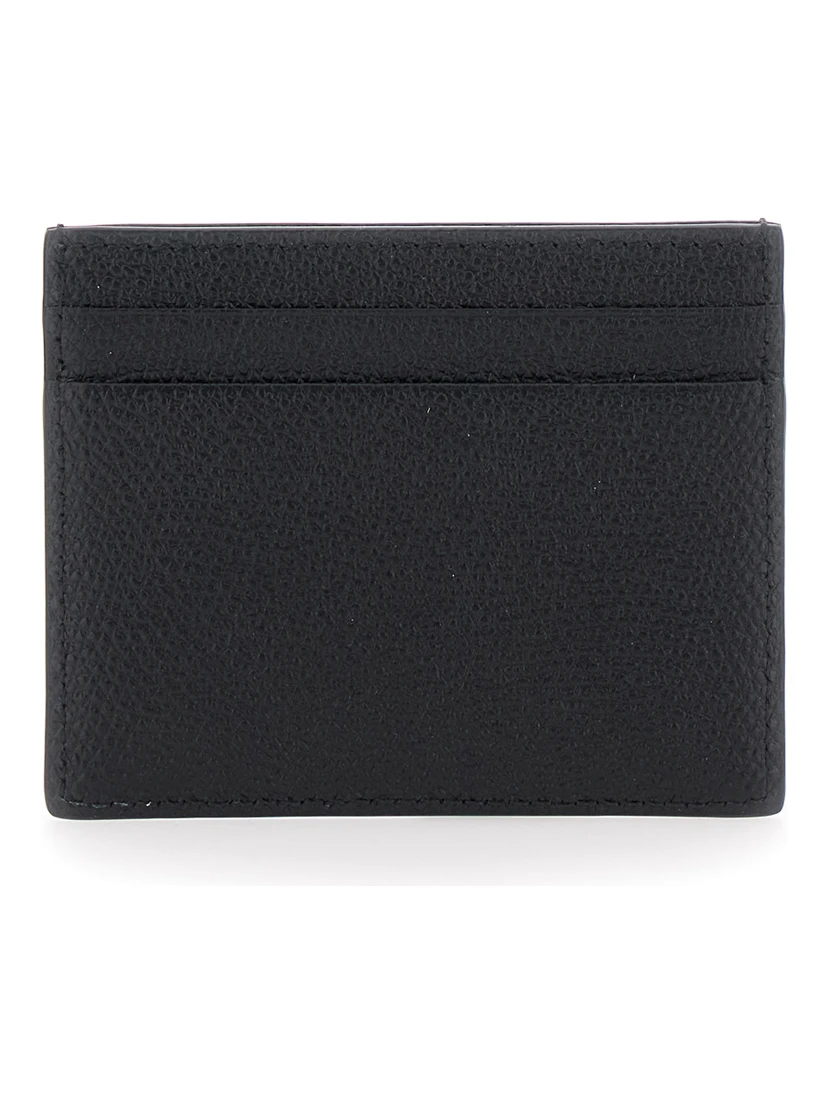 Black Horizontal Card Holder with VLogo Plaque on the Front in Grained Leather Man