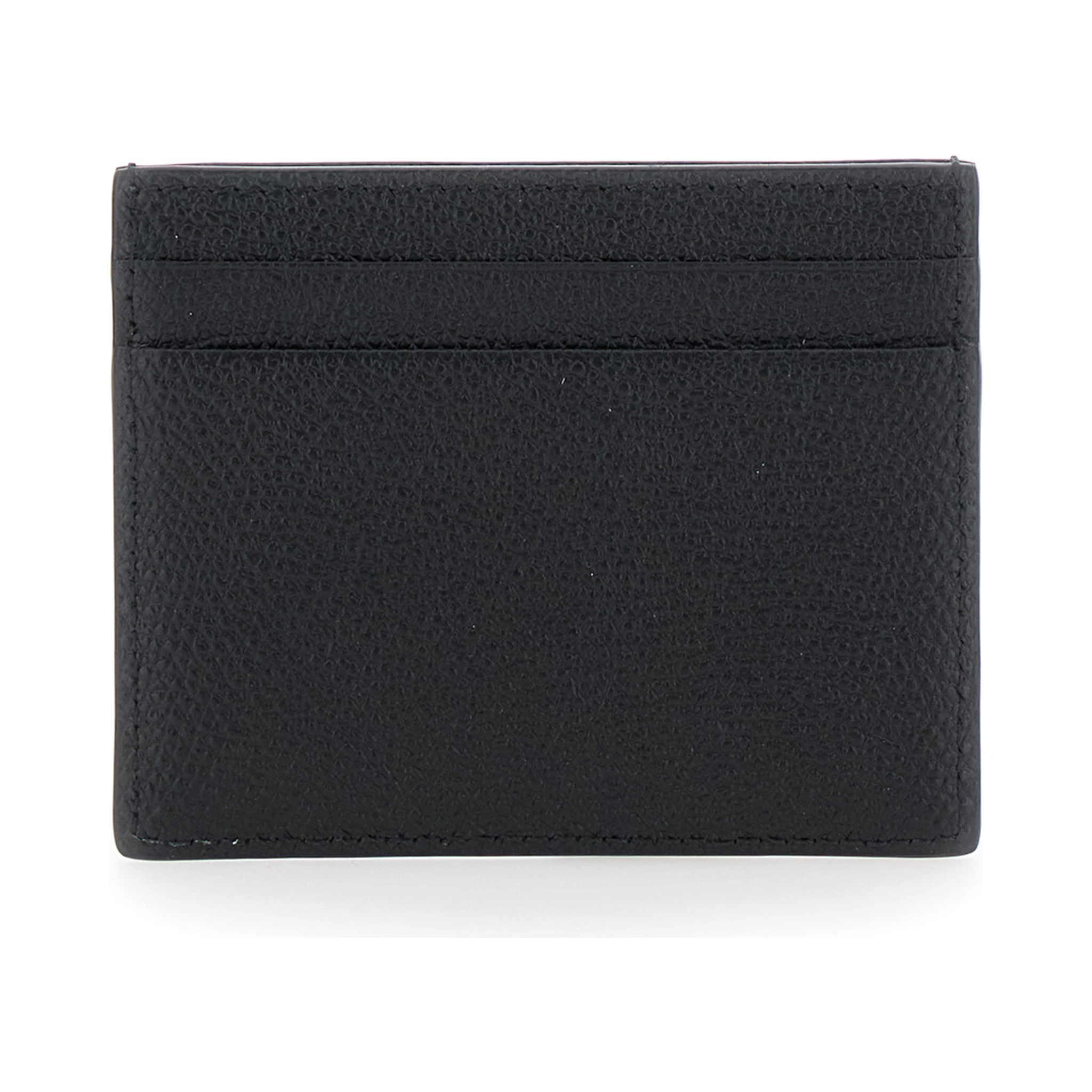 Black Horizontal Card Holder with VLogo Plaque on the Front in Grained Leather Man