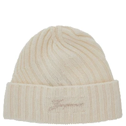 Le Bonnet Tourni White Beanie with Turn-Up Brim and Logo Lettering on the Front in Wool Man
