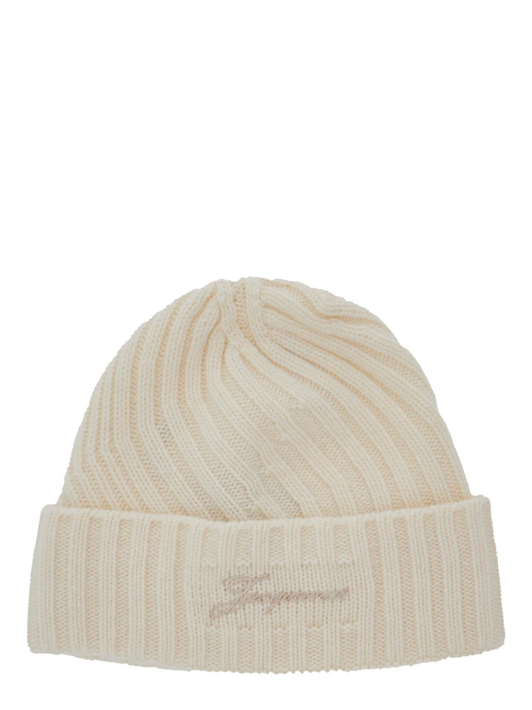 Le Bonnet Tourni White Beanie with Turn-Up Brim and Logo Lettering on the Front in Wool Man
