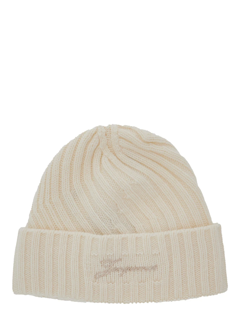 Le Bonnet Tourni White Beanie with Turn-Up Brim and Logo Lettering on the Front in Wool Man