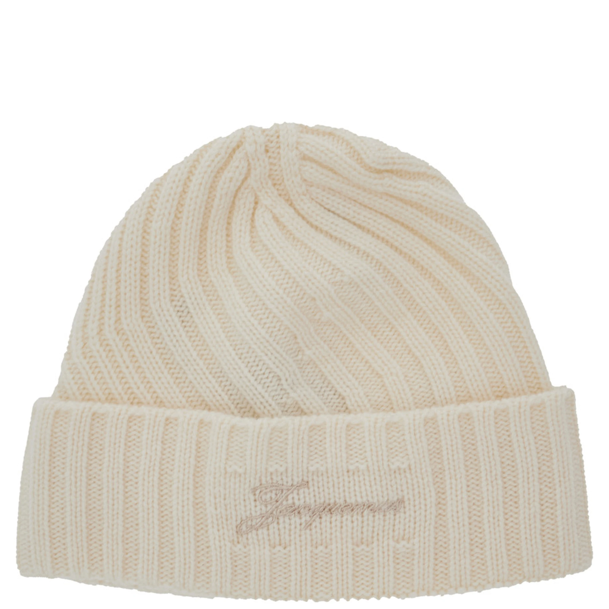 Le Bonnet Tourni White Beanie with Turn-Up Brim and Logo Lettering on the Front in Wool Man