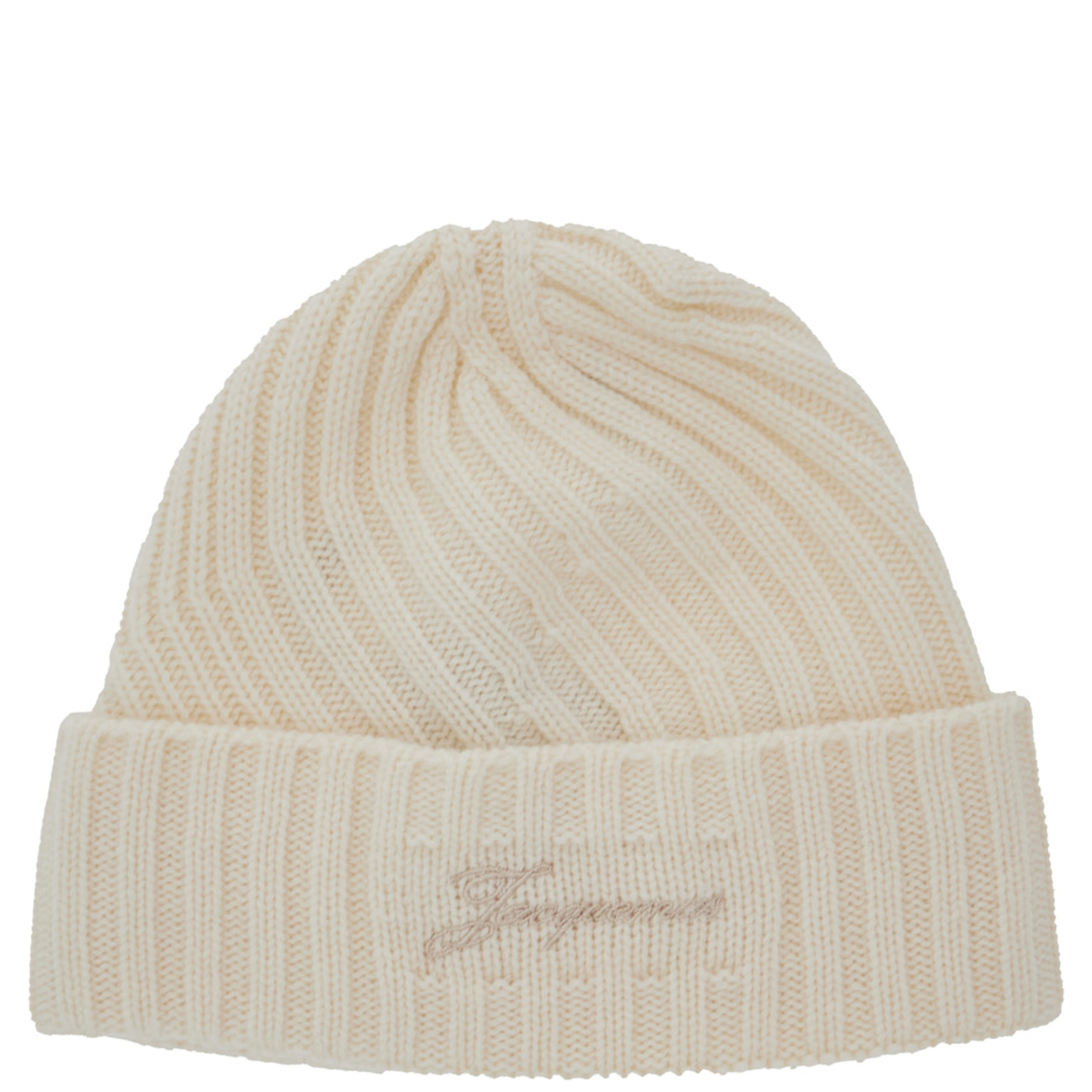 Le Bonnet Tourni White Beanie with Turn-Up Brim and Logo Lettering on the Front in Wool Man