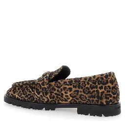 Brown Loafers with Leopard Print and Logo Plaque in Leather Woman