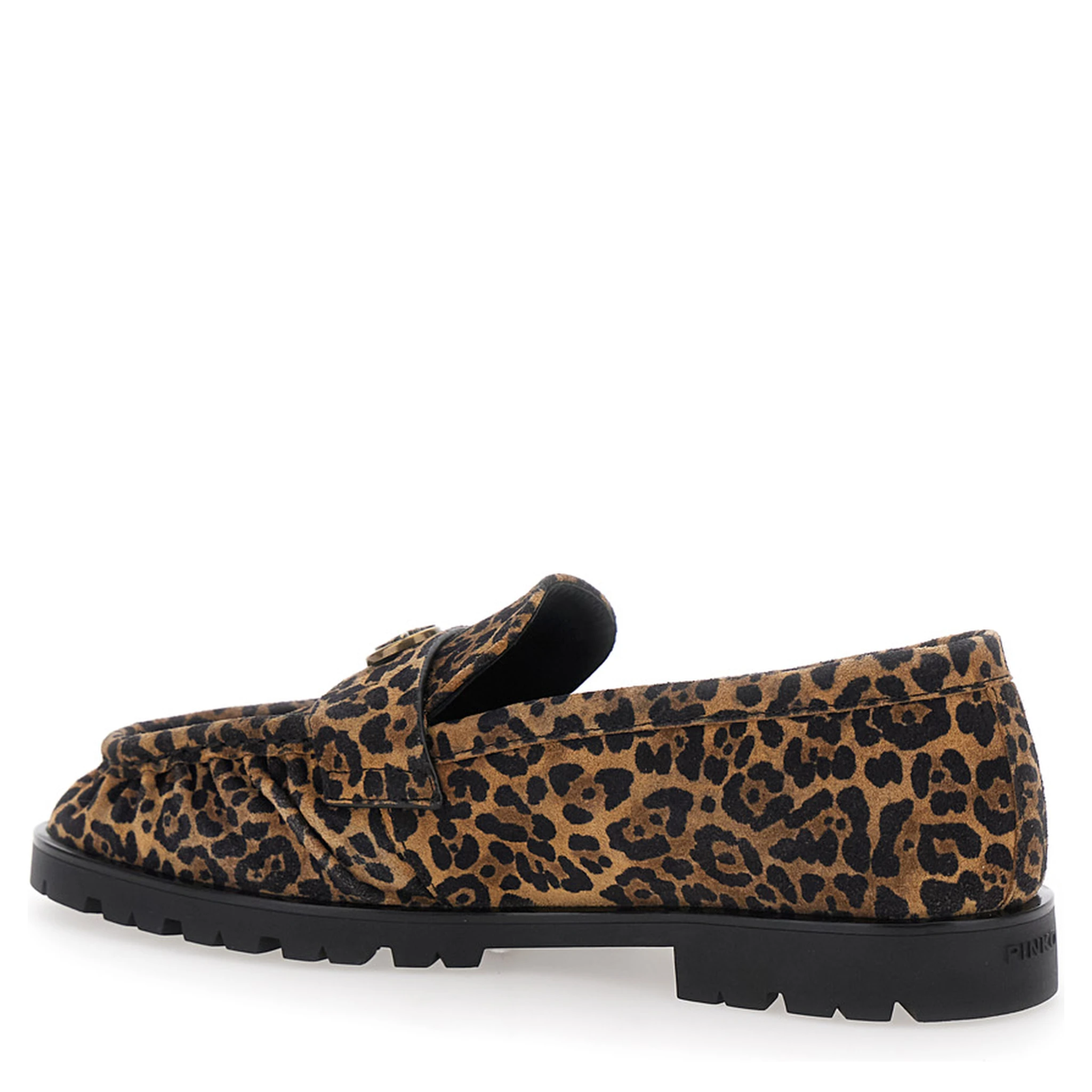 Brown Loafers with Leopard Print and Logo Plaque in Leather Woman