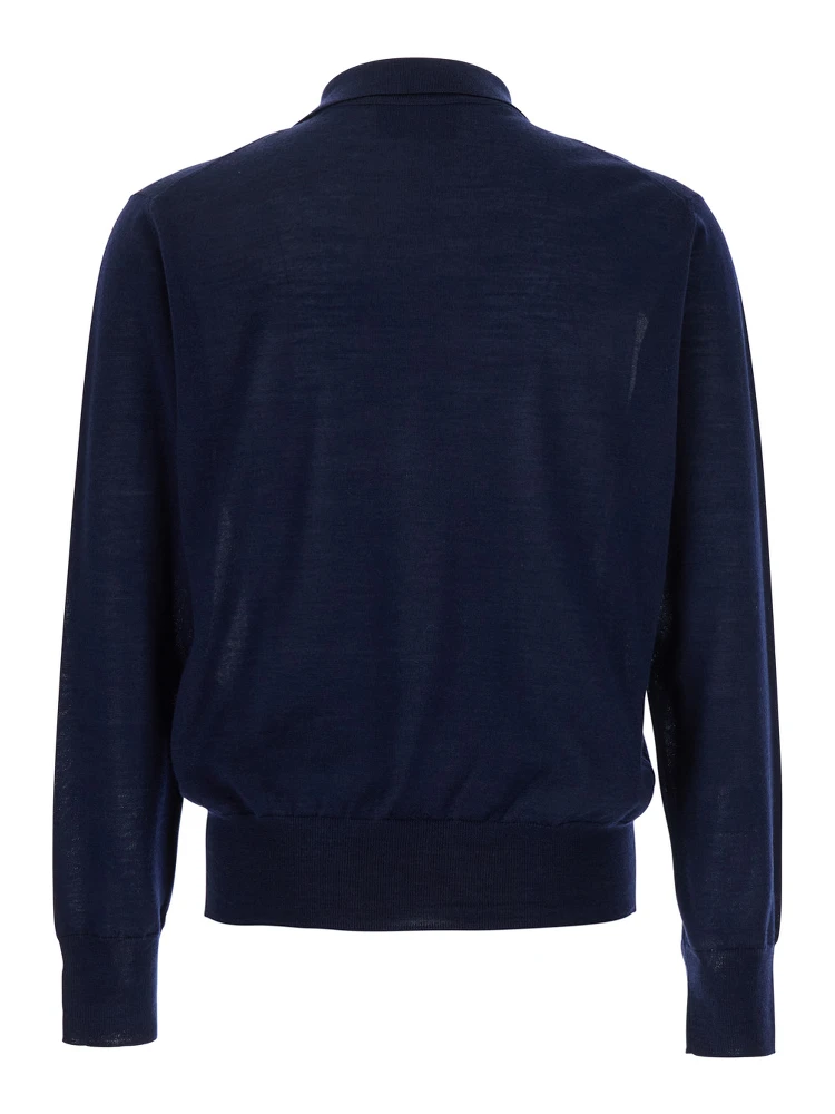 Blue Polo Shirt with Tone-on-Tone Embroidered Logo on the Front in Virgin Wool and Silk Blend Man alternative