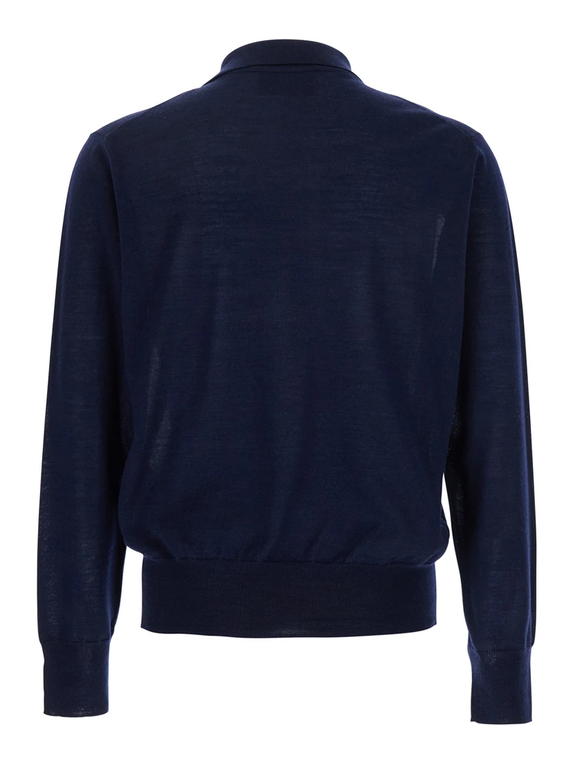 Blue Polo Shirt with Tone-on-Tone Embroidered Logo on the Front in Virgin Wool and Silk Blend Man