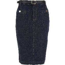 Blue Midi Skirt with Leather Belt and Rear Single Slit in Denim Woman