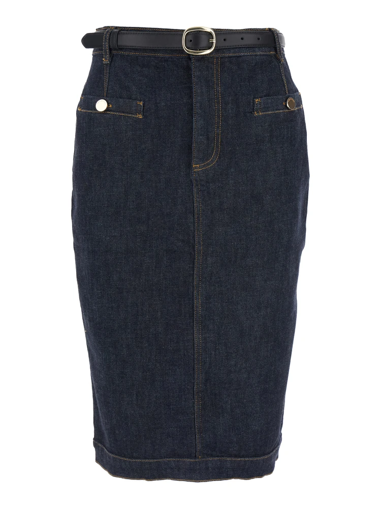 Blue Midi Skirt with Leather Belt and Rear Single Slit in Denim Woman