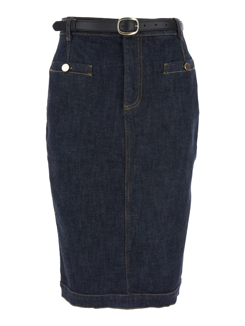 Blue Midi Skirt with Leather Belt and Rear Single Slit in Denim Woman