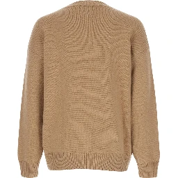 Beige Crew Neck Sweater with Front Logo in Wool Man