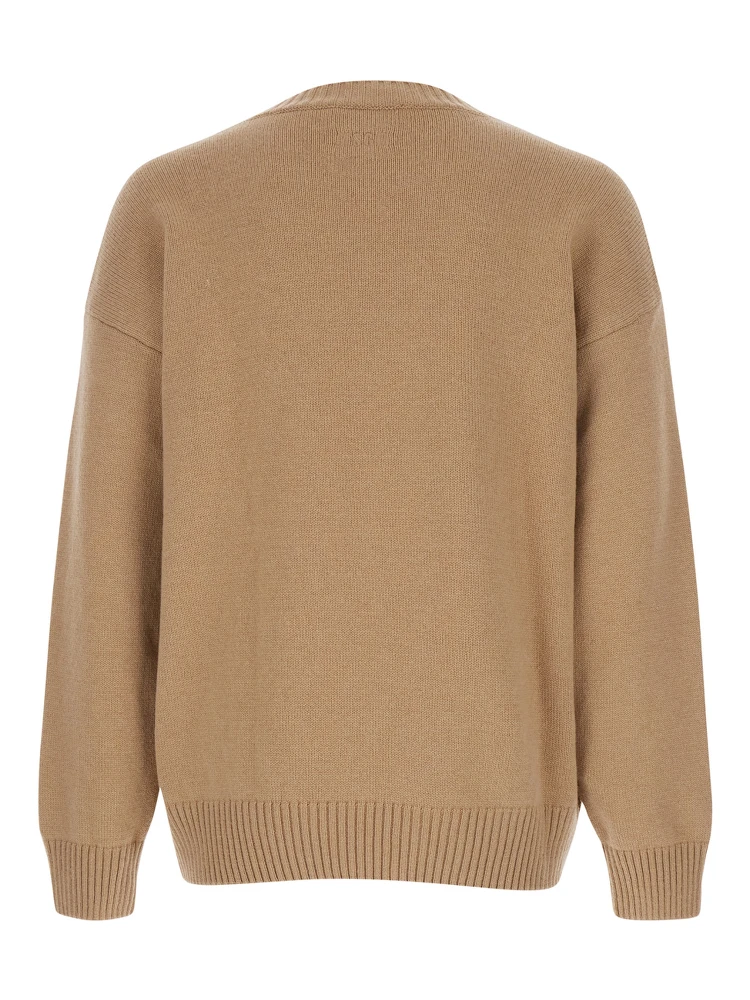 Beige Crew Neck Sweater with Front Logo in Wool Man alternative