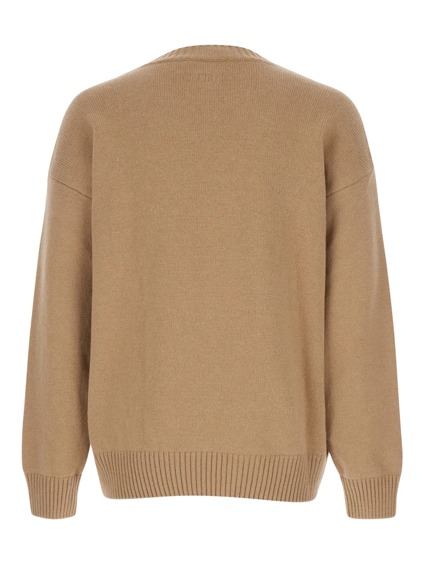 Beige Crew Neck Sweater with Front Logo in Wool Man