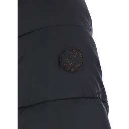 Black Down Jacket with Fixed Hood and Logo Patch on the Sleeve in Tech Fabric Woman