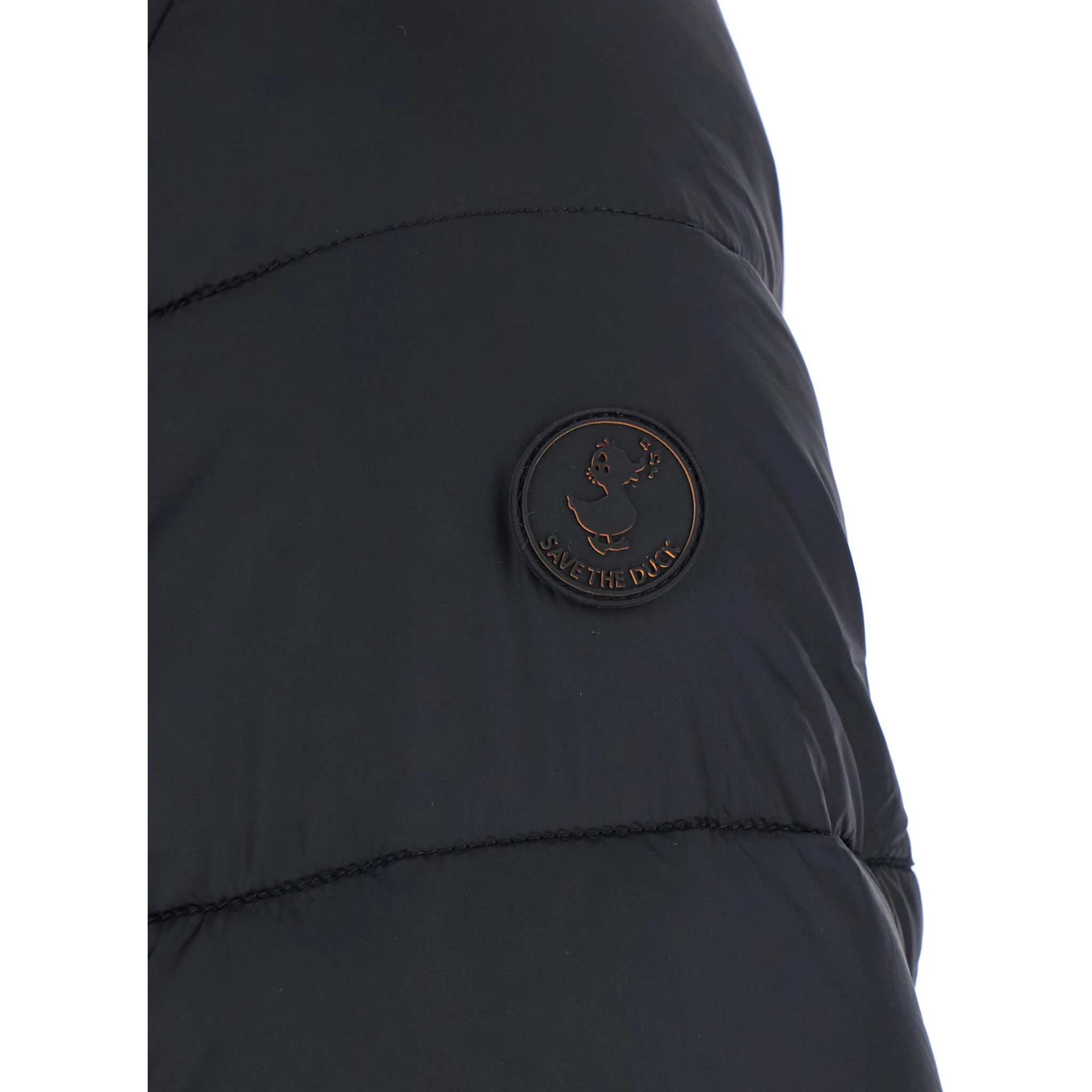 Black Down Jacket with Fixed Hood and Logo Patch on the Sleeve in Tech Fabric Woman