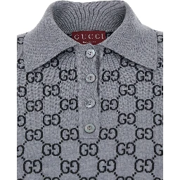 Grey Dress with Wide Collar and All-Over GG Motif in Wool Woman