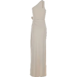Beige Asymmetric One-Shoulder Dress with Flower Detail and Single Side Slit in Tech Fabric Woman
