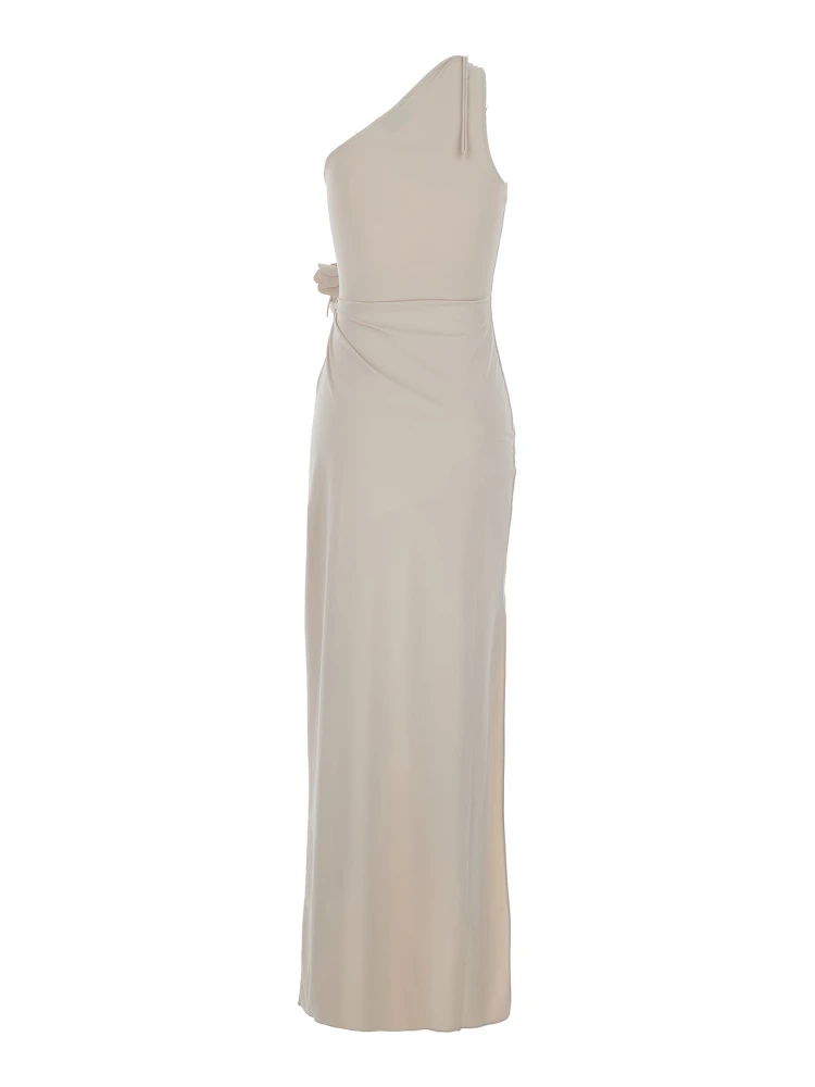 Beige Asymmetric One-Shoulder Dress with Flower Detail and Single Side Slit in Tech Fabric Woman alternative