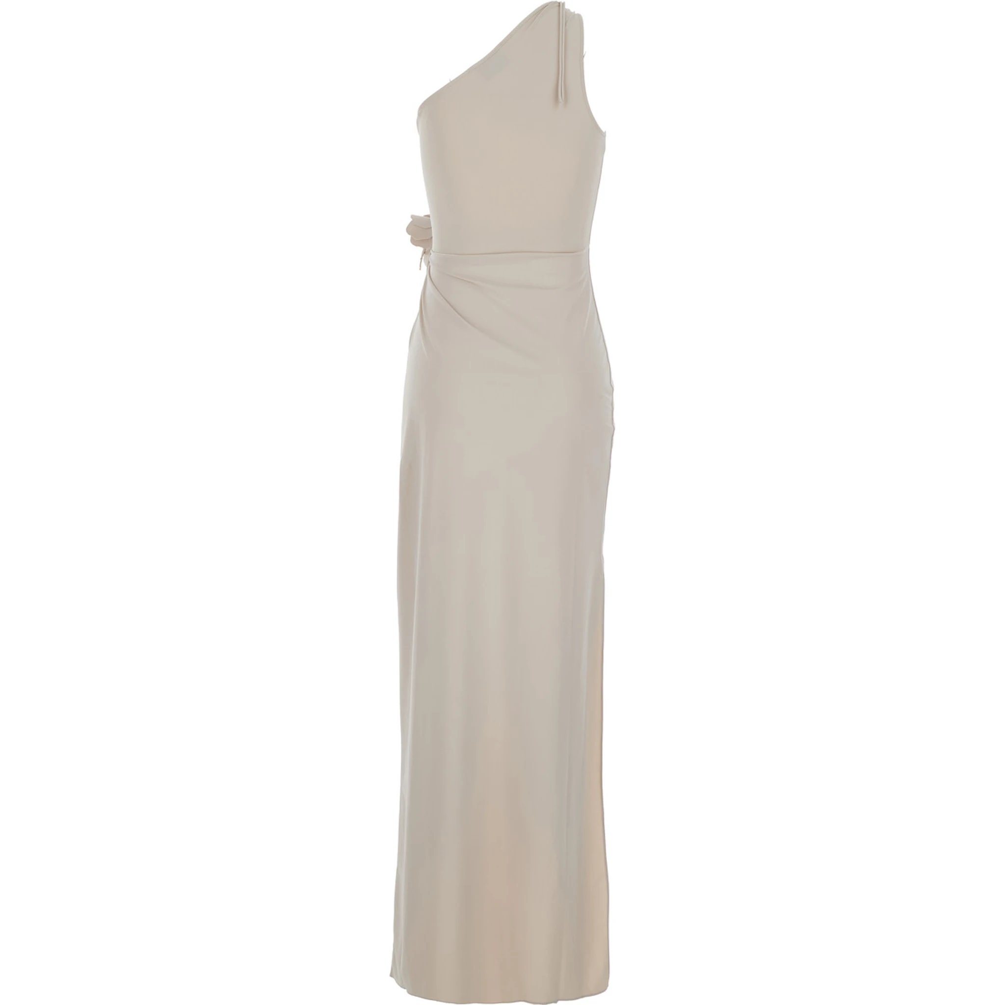 Beige Asymmetric One-Shoulder Dress with Flower Detail and Single Side Slit in Tech Fabric Woman