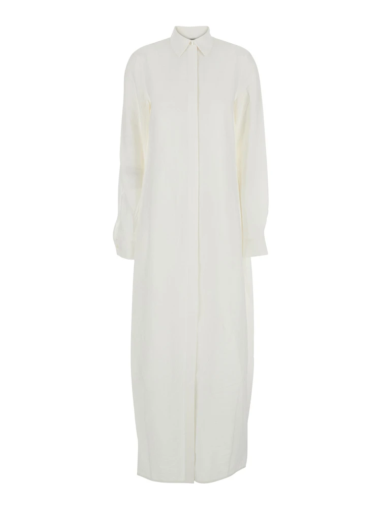 White Long Dress with Classic Collar in Silk Blend Woman