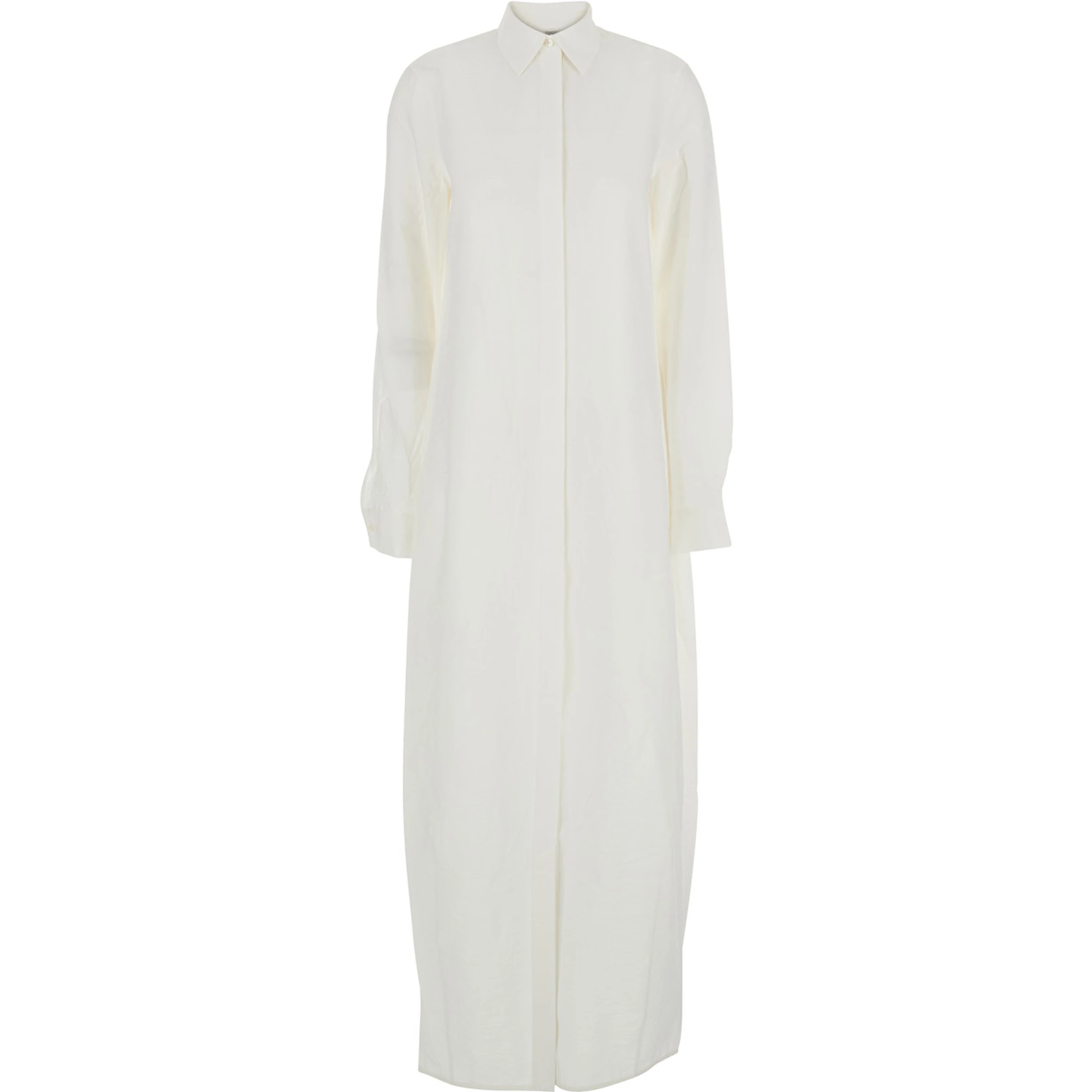 White Long Dress with Classic Collar in Silk Blend Woman