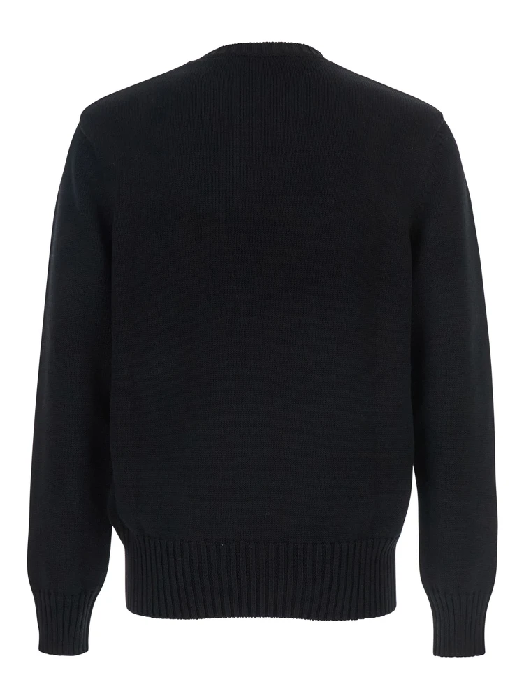 Black Crew Neck Sweater with Logo Lettering on the Front in Cotton Man alternative