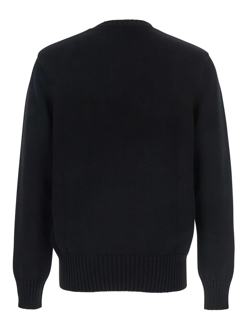 Black Crew Neck Sweater with Logo Lettering on the Front in Cotton Man